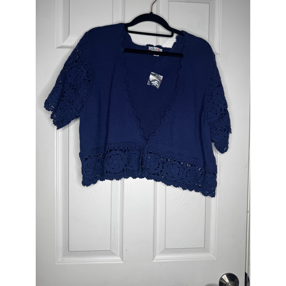 D&Co. NWOT Navy Blue Crochet Knit Shrug Cardigan Size‎ XL Grannycore Boho